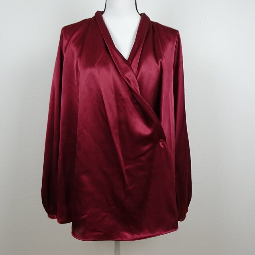 Calvin Klein Faux Wrap Blouse Top Women's Plus Size 1X Red Satin Dressy Evening